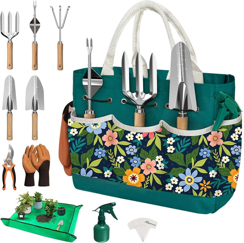 OUREST 22Pcs Gardening Tools Set for Women Heavy Duty Garden Hand Tools Kit Organizer Gifts for Mom Beginner Gardener Gardening Accessories with Tote Bag/Shovels/Repotting Mat/Plant Labels/Gloves-Dark Green - Image 1